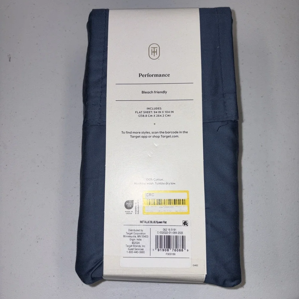 Threshold Performance 100% Cotton Sateen QUEEN Flat Sheet Blue 400 TC Smooth